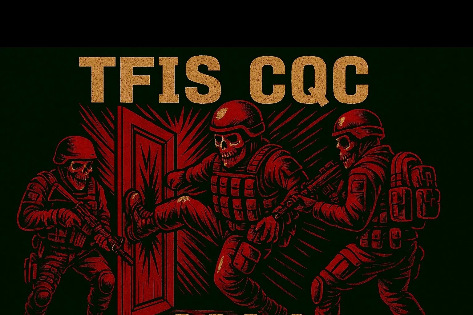 TFIS CQC illustration of a three-person team stacking through a doorway